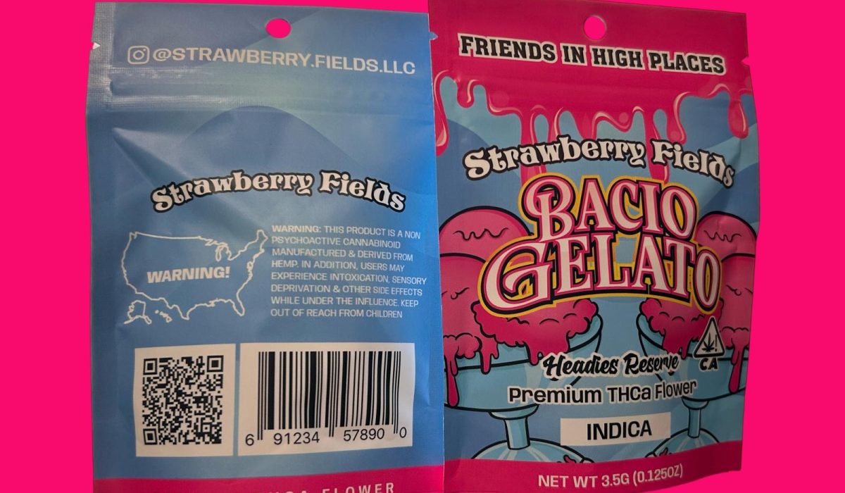 A package of Strawberry Fields bacio gelato premium THCa flower displayed on a vibrant pink background.