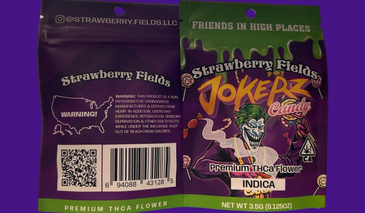 A package of Strawberry Fields jokerz candy premium THCa flower displayed on a purple background.