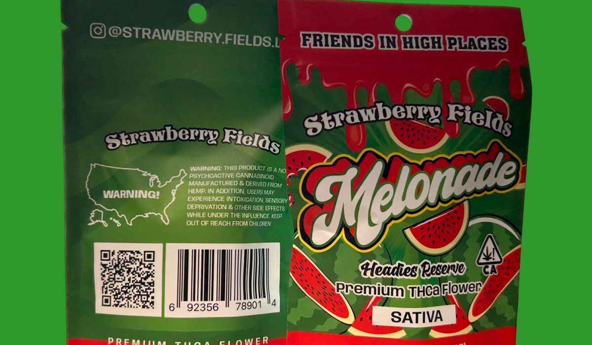 A package of Strawberry Fields melonade premium THCa flower displayed on a dark green background.