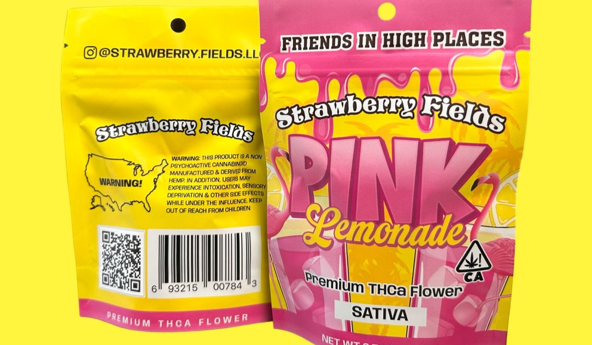 A package of Strawberry Fields pink lemonade premium THCa flower displayed on a bright yellow background.