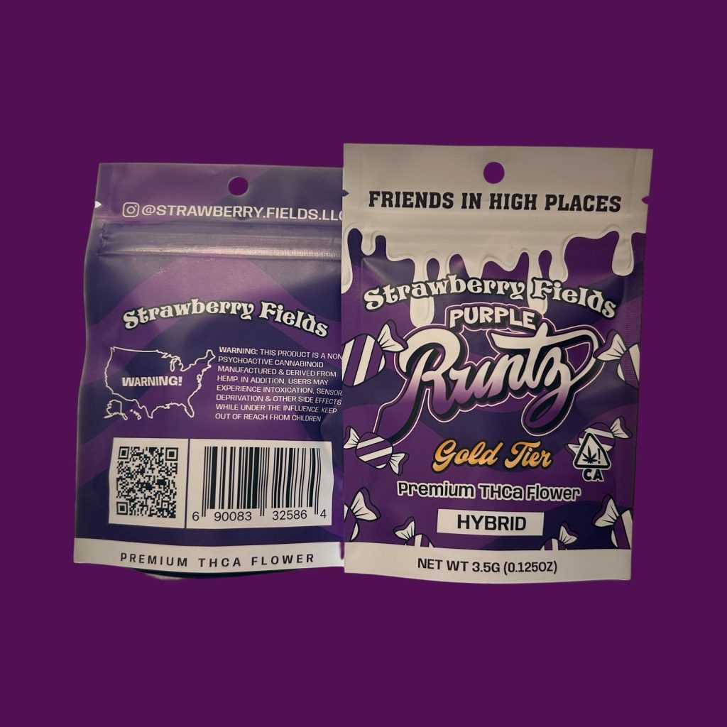 A package of Strawberry Fields purple runtz premium THCa flower displayed on a dark purple background.
