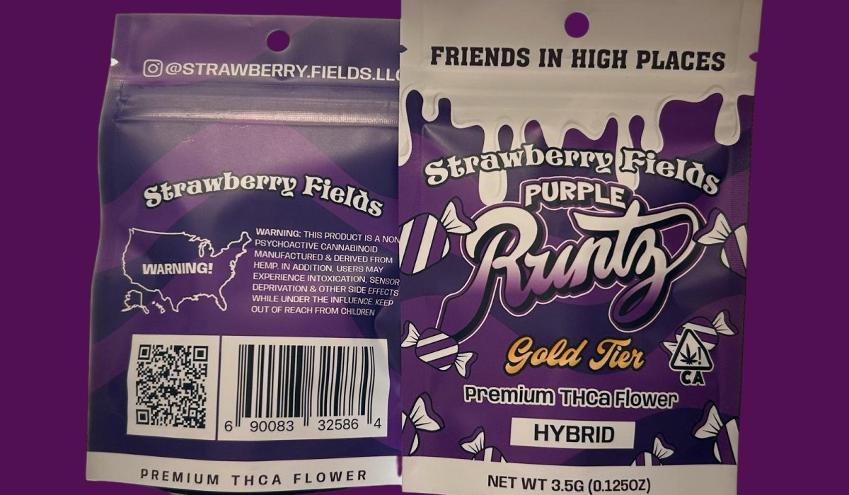 A package of Strawberry Fields purple runtz premium THCa flower displayed on a dark purple background.
