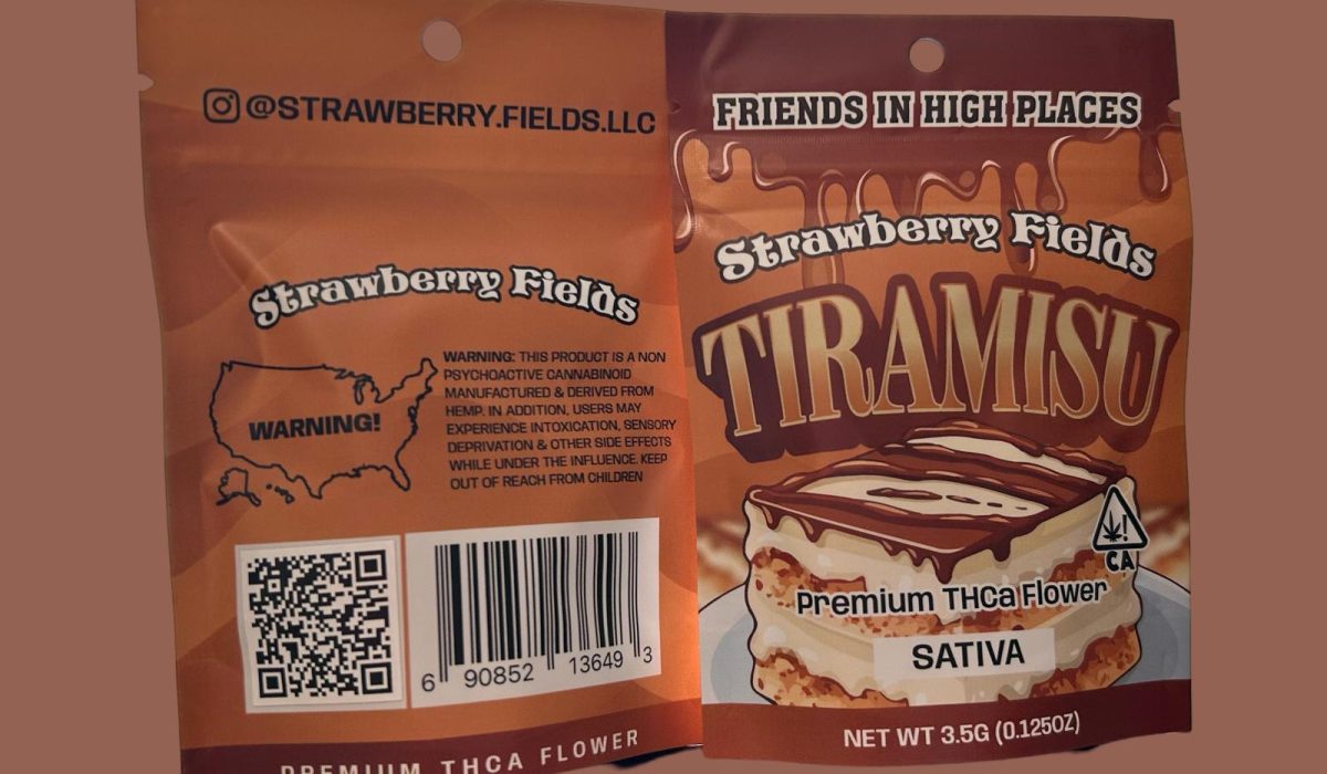 A package of Strawberry Fields tiramisu premium THCa flower displayed on a brown background.
