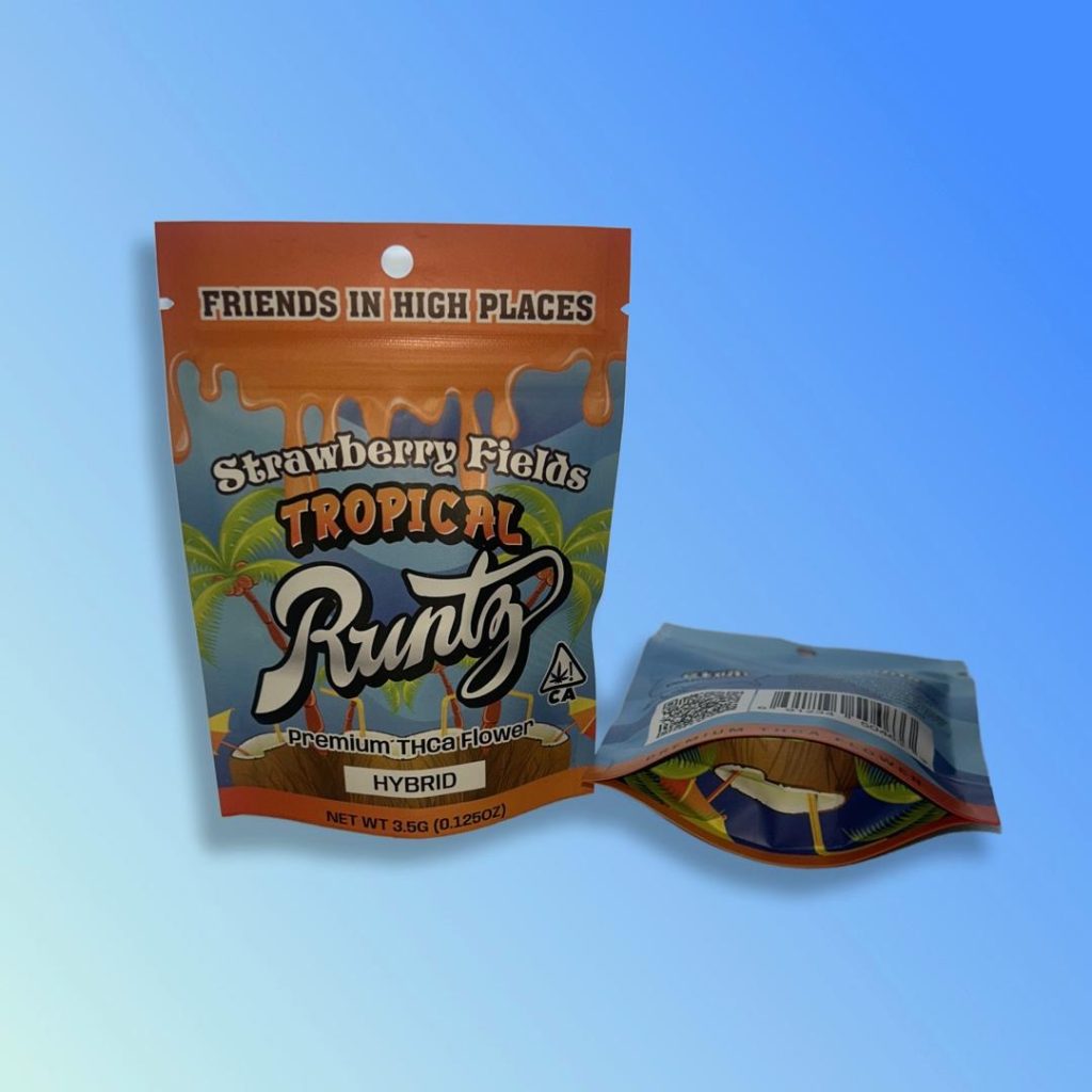 A package of Strawberry Fields tropical runtz premium THCa flower displayed on a blue background.