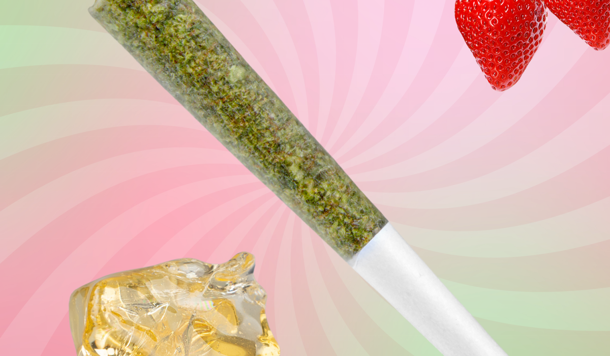 A vibrant strawberry and a cannabis preroll and cannabis concentrate displayed against a soft pink and green spiral background