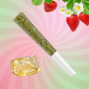 A vibrant strawberry and a cannabis preroll and cannabis concentrate displayed against a soft pink and green spiral background